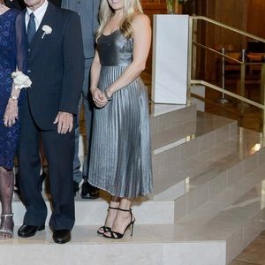 Metallic Silver Midi Cocktail Spaghetti Strap Dress Accordion Pleated Like New